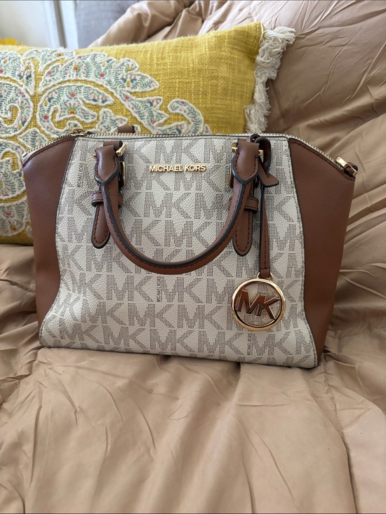 Michael Kors Handbags - Michael Kors Vanilla & Brown Logo Satchel with Gold Hardware